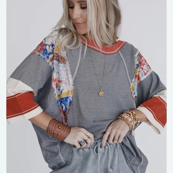easel Tops - Easel Los Angeles Patchwork Sleeve Oversized Striped Top Womens Large Boho Shirt